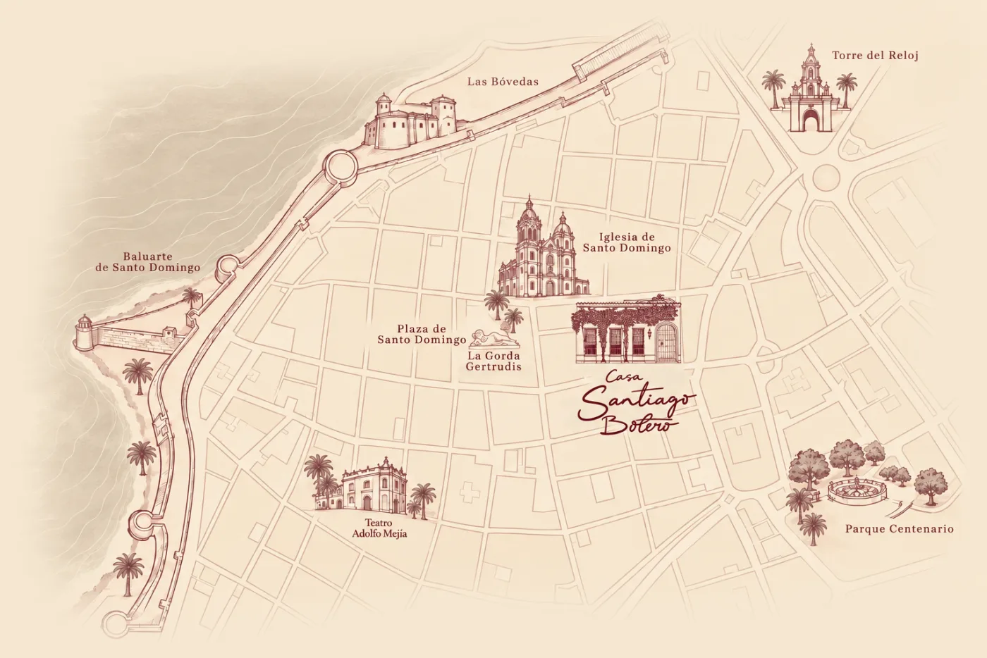 Mapa ilustrado del Centro Histórico de Cartagena con la ubicación de Casa Santiago Botero junto a la Plaza de Santo Domingo